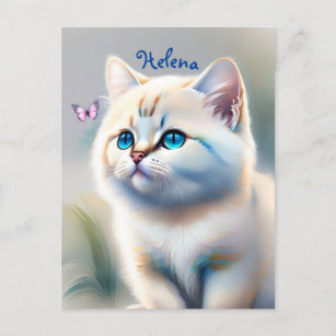 weiße Katze mit blauen Augen Wasserfarbenbild Postkarte
