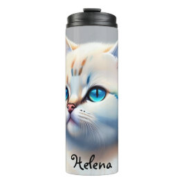 weiße Katze mit blauen Augen Wasserfarbenbild Thermosbecher