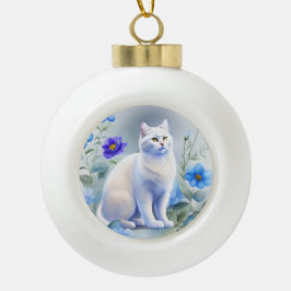 Weiße Katze mit blauen Blumen, Aquarell-Malerei Keramik Kugel-Ornament