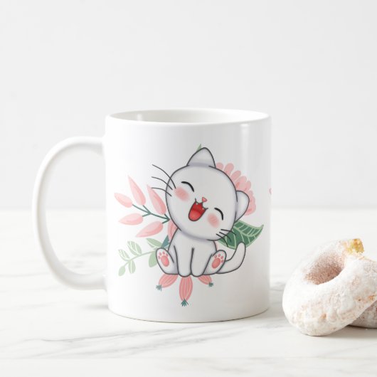 weiße Katze mit Blume Kaffeetasse (Mit Donut)