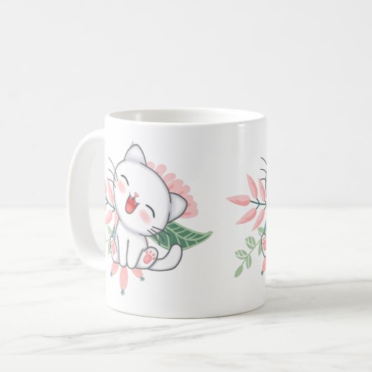 weiße Katze mit Blume Kaffeetasse (Vorderseite Links)