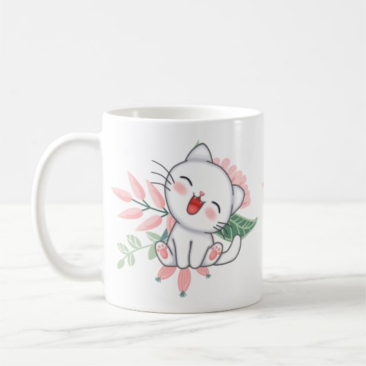 weiße Katze mit Blume Kaffeetasse (Links)