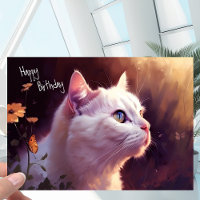 Weiße Katze mit Blume + Schmetterling Geburtstag