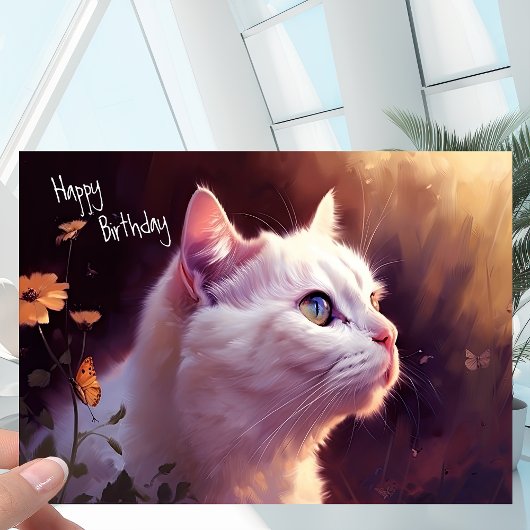 Weiße Katze mit Blume + Schmetterling Geburtstag Karte
