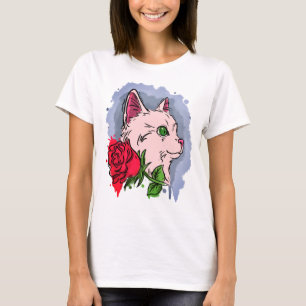 Weiße Katze mit Blume T-Shirt