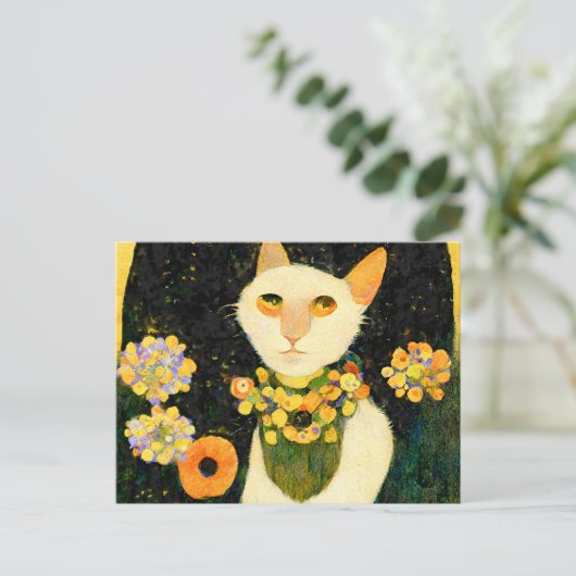 Weiße Katze mit Blumen. Jugendstil gemalt. Postkarte (Stehend Vorderseite)