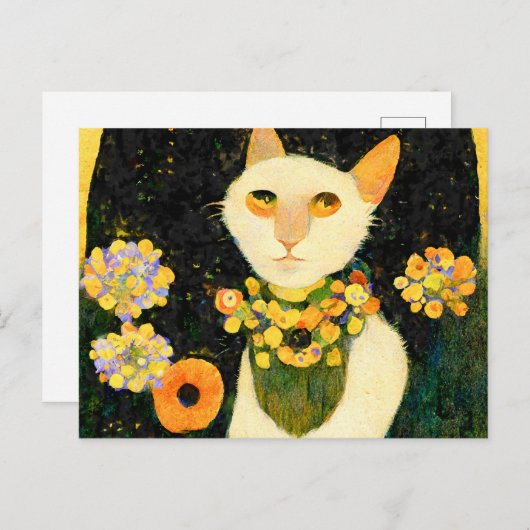 Weiße Katze mit Blumen. Jugendstil gemalt. Postkarte (Vorne/Hinten)