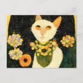 Weiße Katze mit Blumen. Jugendstil gemalt. Postkarte (Vorderseite)