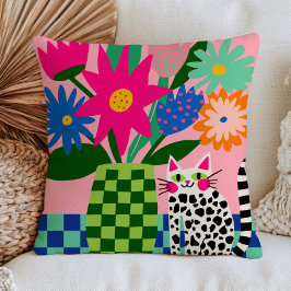 Weiße Katze mit Blumen und Punkten Buntes Katzenmo Kissen