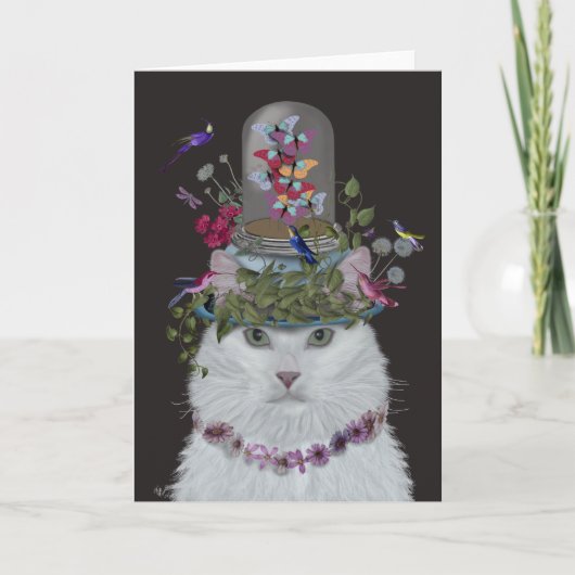 Weiße Katze mit Butterfly Bell Jar Karte (Vorderseite)