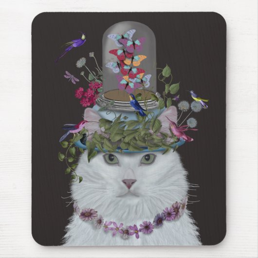 Weiße Katze mit Butterfly Bell Jar Mousepad (Vorne)
