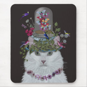 Weiße Katze mit Butterfly-Glocke Mousepad
