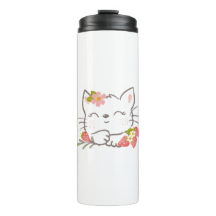 weiße Katze mit Erdbeere Thermosbecher