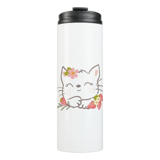 weiße Katze mit Erdbeere Thermosbecher (Vorderseite)