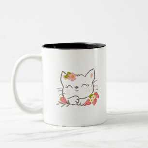 weiße Katze mit Erdbeere Zweifarbige Tasse