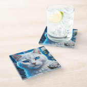 Weiße Katze mit hellblauen Augen, Bläschen Glasuntersetzer (Schrägansicht)