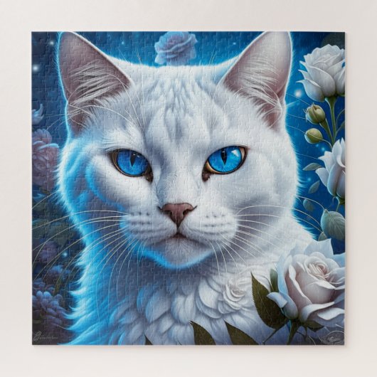 Weiße Katze mit hellblauen Augen, Bläschen Puzzle (Vertikal)