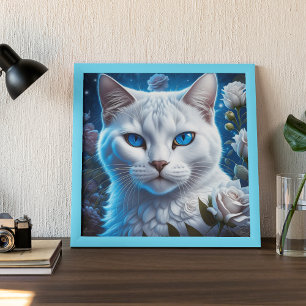 Weiße Katze mit hellblauen Augen, floral  Poster