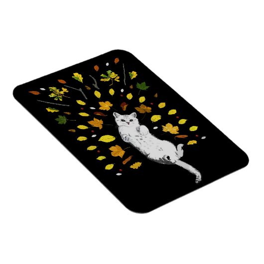Weiße Katze mit Herbstlaub Magnet (Rechte Seite)