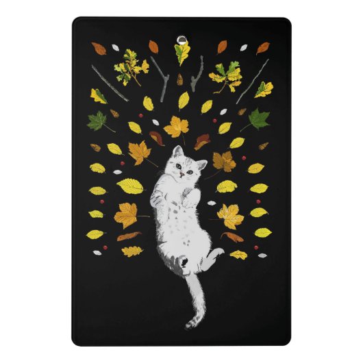 Weiße Katze mit Herbstlaub Mini Klemmbrett (Rückseite)