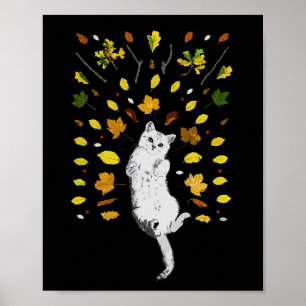 Weiße Katze mit Herbstlaub Poster