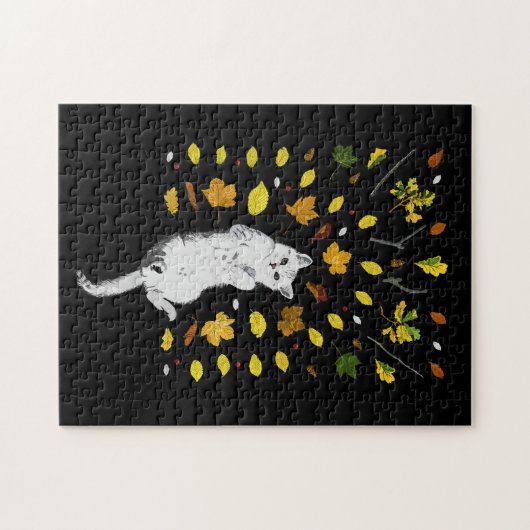 Weiße Katze mit Herbstlaub Puzzle (Horizontal)