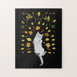 Weiße Katze mit Herbstlaub Puzzle