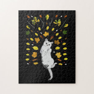 Weiße Katze mit Herbstlaub Puzzle