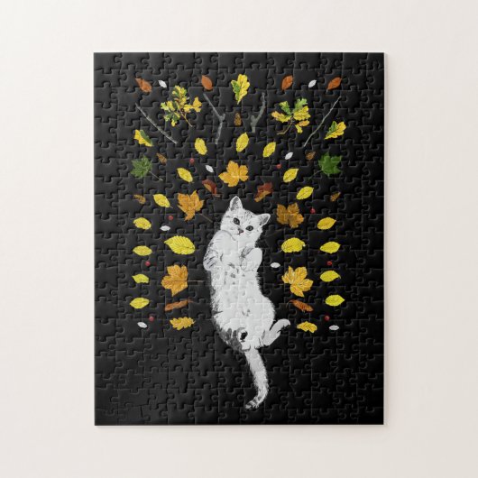 Weiße Katze mit Herbstlaub Puzzle (Vertikal)