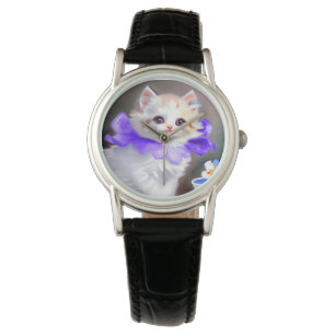 Weiße Katze mit Lila Blume Collar Painting Armbanduhr