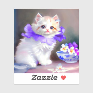 Weiße Katze mit Lila Blume Collar Painting Aufkleber