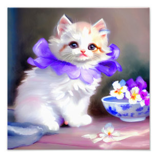 Weiße Katze mit Lila Blume Collar Painting Fotodruck