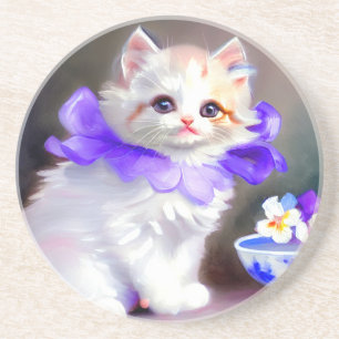 Weiße Katze mit Lila Blume Collar Painting Getränkeuntersetzer