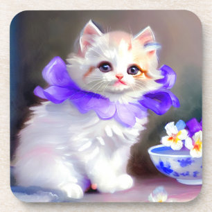 Weiße Katze mit Lila Blume Collar Painting Getränkeuntersetzer