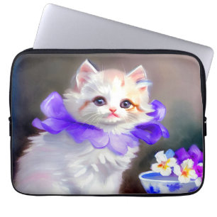Weiße Katze mit Lila Blume Collar Painting Laptopschutzhülle