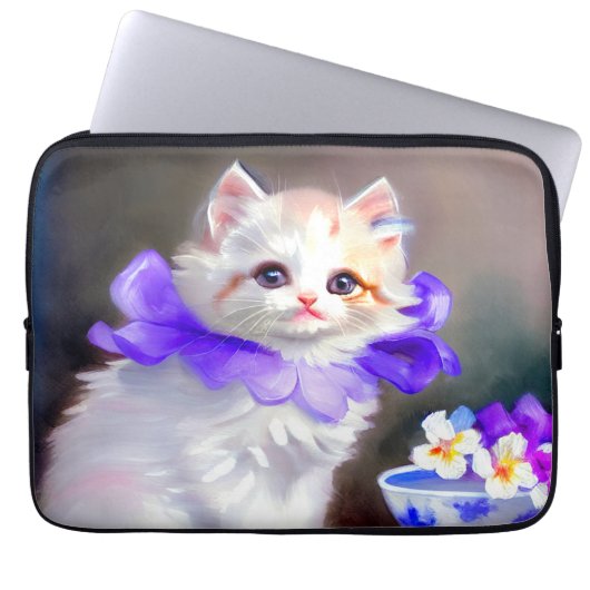 Weiße Katze mit Lila Blume Collar Painting Laptopschutzhülle (Vorderseite)