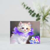 Weiße Katze mit Lila Blume Collar Painting Postkarte (Stehend Vorderseite)