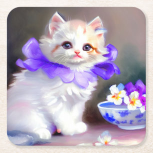 Weiße Katze mit Lila Blume Collar Painting Rechteckiger Pappuntersetzer