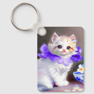 Weiße Katze mit Lila Blume Collar Painting Schlüsselanhänger