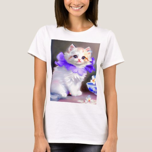 Weiße Katze mit Lila Blume Collar Painting T-Shirt (Vorderseite)