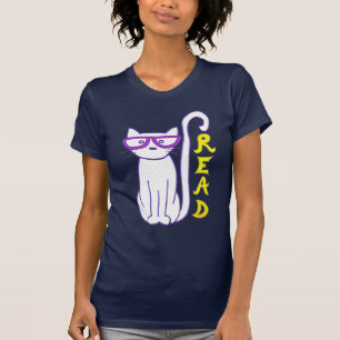 Weiße Katze mit Lila Brille mit Lesezeichen T-Shirt