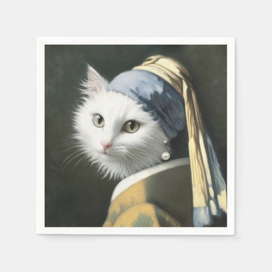 Weiße Katze mit Perlenohrmalerei Serviette (Vorderseite)