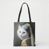 Weiße Katze mit Perlenohrmalerei Tasche (Vorderseite)