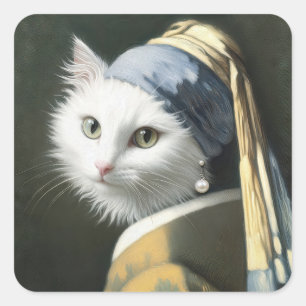 Weiße Katze mit Perlenohrring-Gemälde Quadratischer Aufkleber