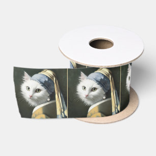 Weiße Katze mit Perlenportrait Satinband