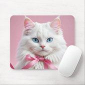 Weiße Katze mit rosa Band Mousepad (Mit Mouse)