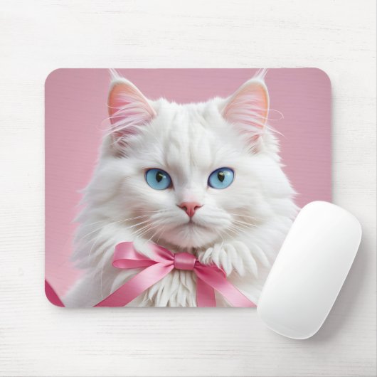 Weiße Katze mit rosa Band Mousepad (Mit Mouse)