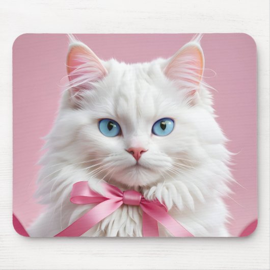Weiße Katze mit rosa Band Mousepad (Vorne)