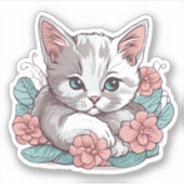 Weiße Katze mit rosa Blume wasserdicht Aufkleber (Vorderseite)
