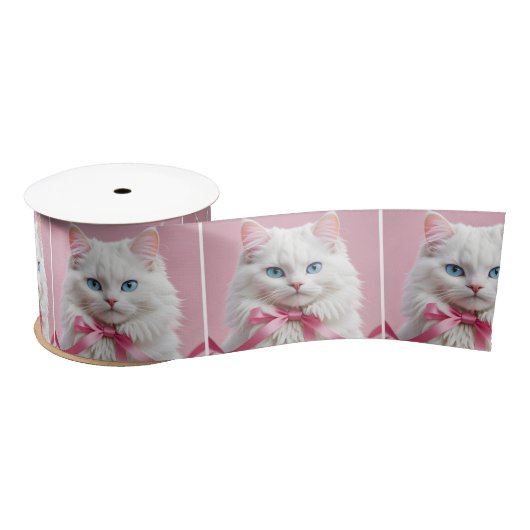 Weiße Katze mit rosa Mütze Satinband (Spule)